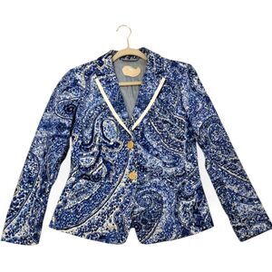 Etro Italy Cotton Blend Blue and White Paisley Blazer Sz 44 M